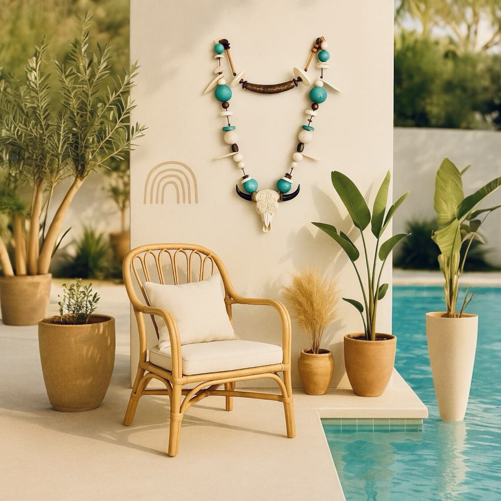 Collier mural "Kepala" - Bijou mural artisanal en argile – Tête de buffle décorative – Pièce unique bohème chic – 63 x 32 cm