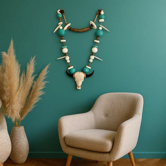 Collier mural "Kepala" - Bijou mural artisanal en argile – Tête de buffle décorative – Pièce unique bohème chic – 63 x 32 cm