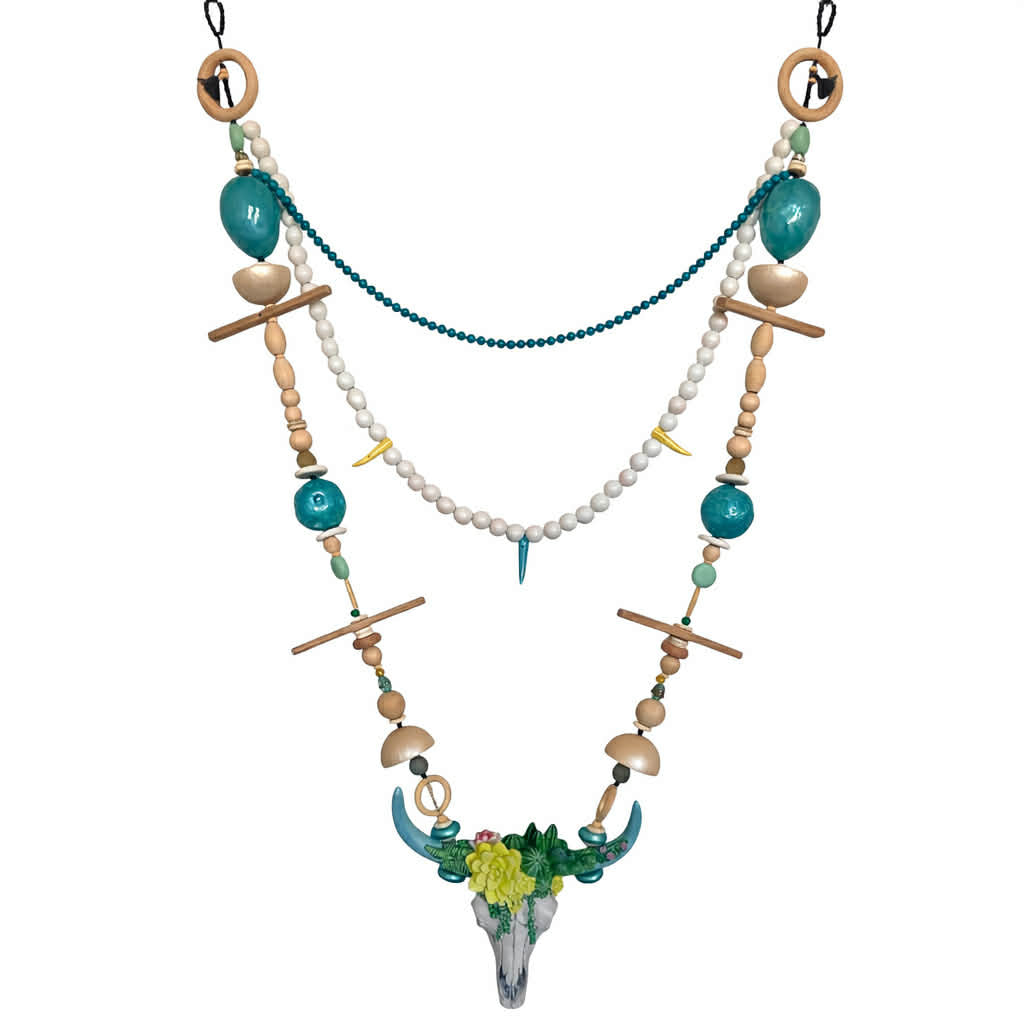 GAÏA – Décoration murale bohème fait main, bijou mural artisanal, crâne décoratif, perles turquoise, déco murale ethnique pièce unique