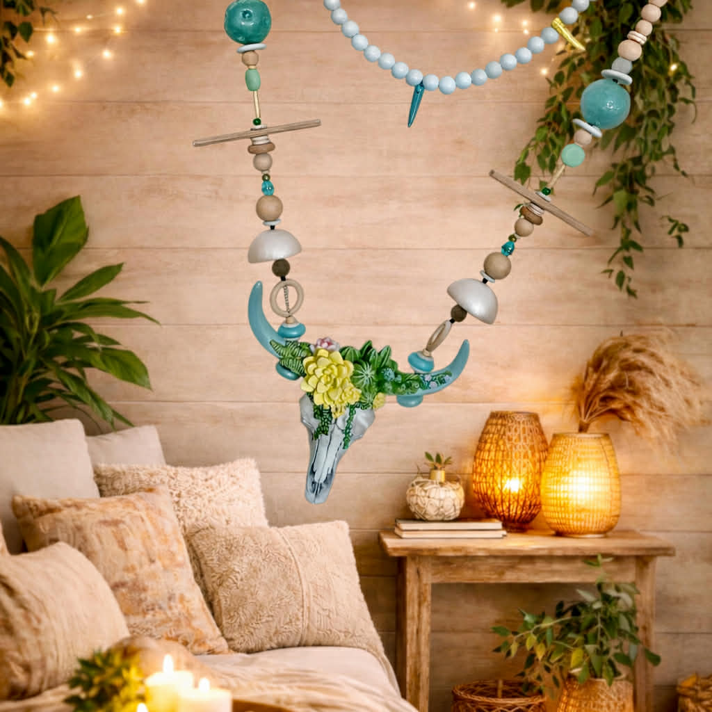 GAÏA – Décoration murale bohème fait main, bijou mural artisanal, crâne décoratif, perles turquoise, déco murale ethnique pièce unique