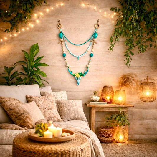 GAÏA – Décoration murale bohème fait main, bijou mural artisanal, crâne décoratif, perles turquoise, déco murale ethnique pièce unique