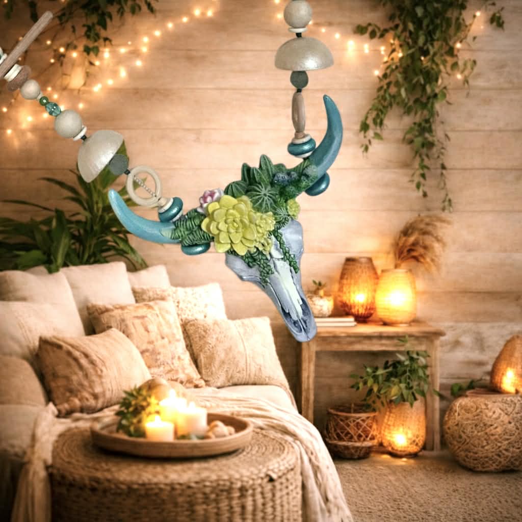 GAÏA – Décoration murale bohème fait main, bijou mural artisanal, crâne décoratif, perles turquoise, déco murale ethnique pièce unique